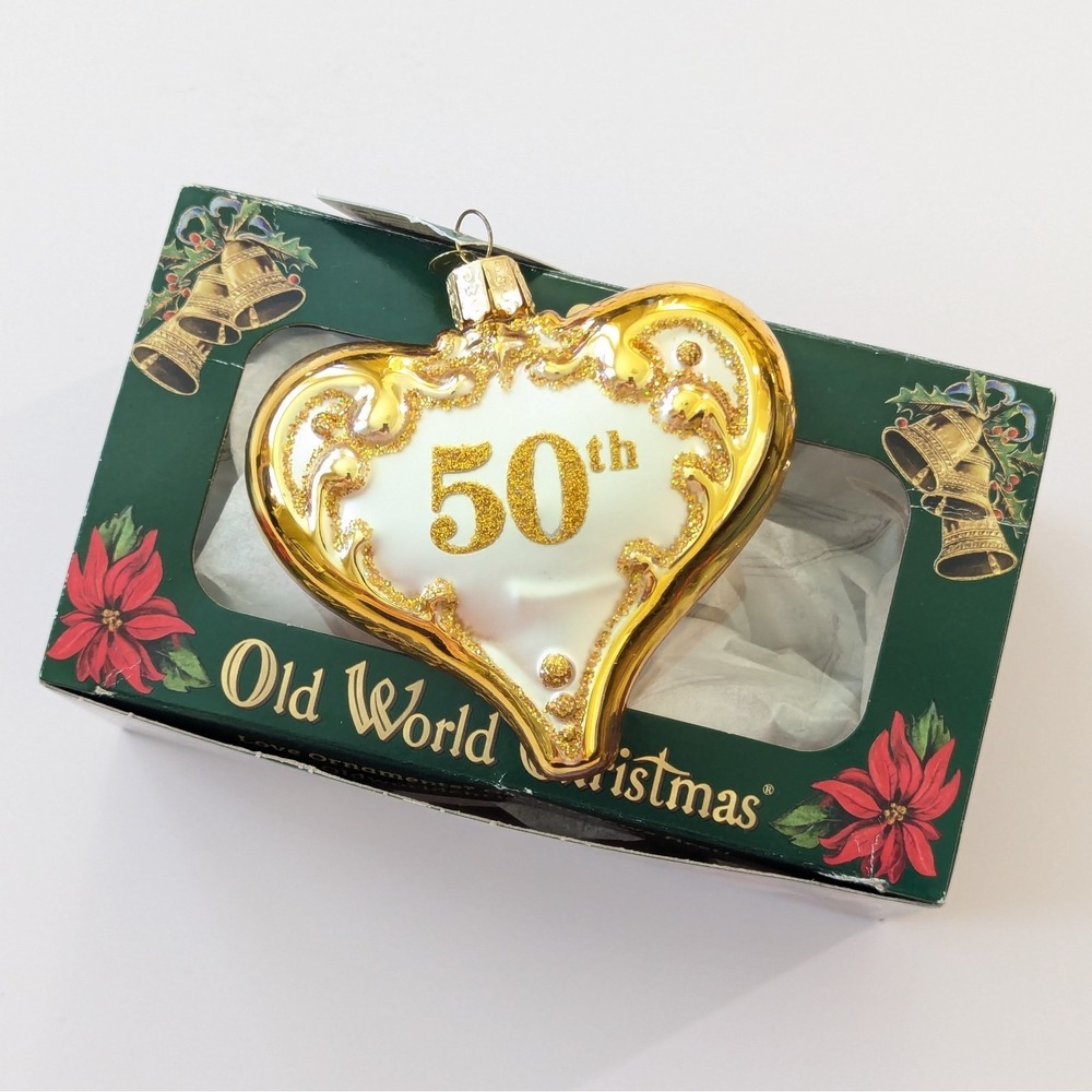 Old World Christmas 50th Wedding Anniversary Heart Blown Glass Ornament w/Box